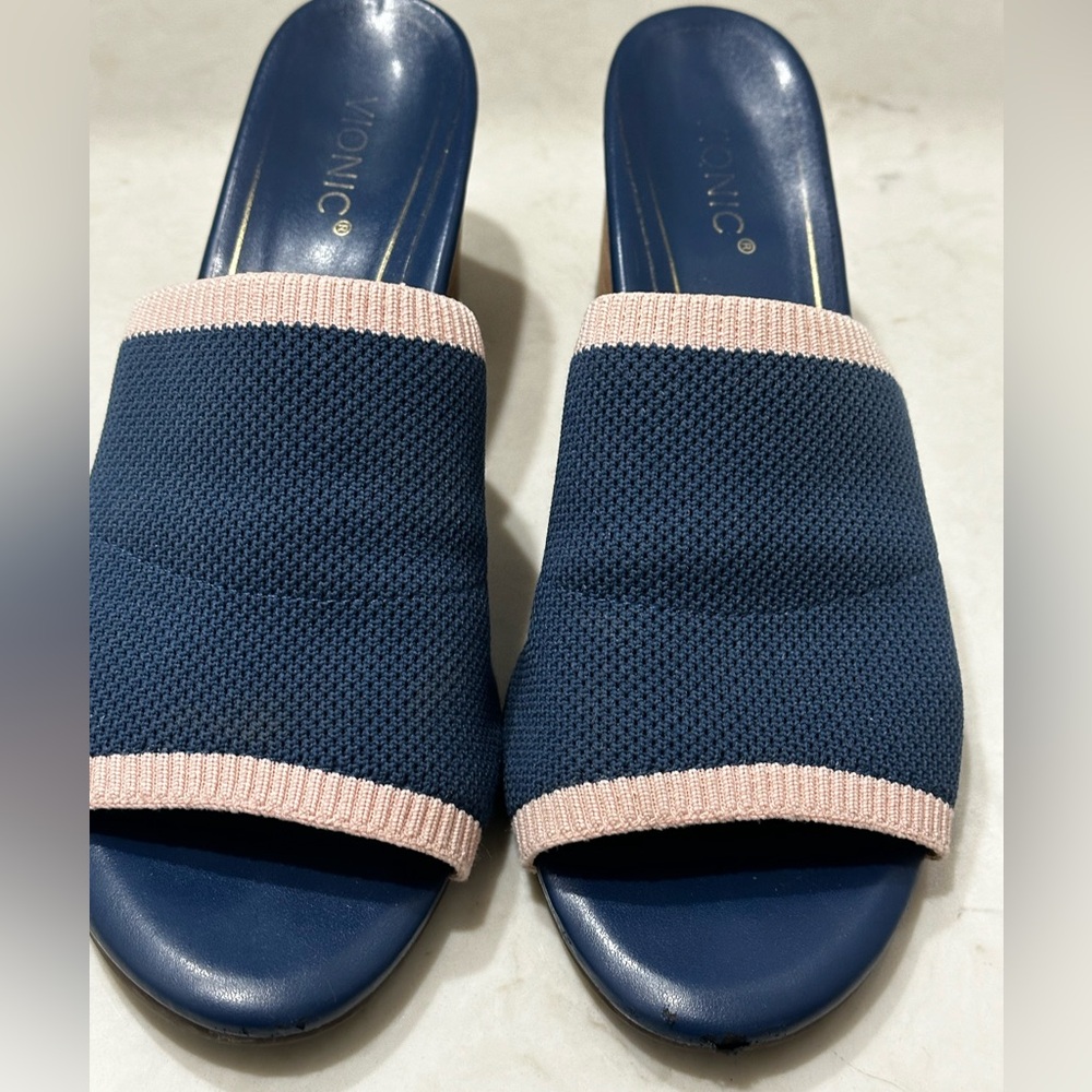 Vionic Fleur Size 9.5 Womens Sandals Navy Blue Pink Heels Slides Comfort